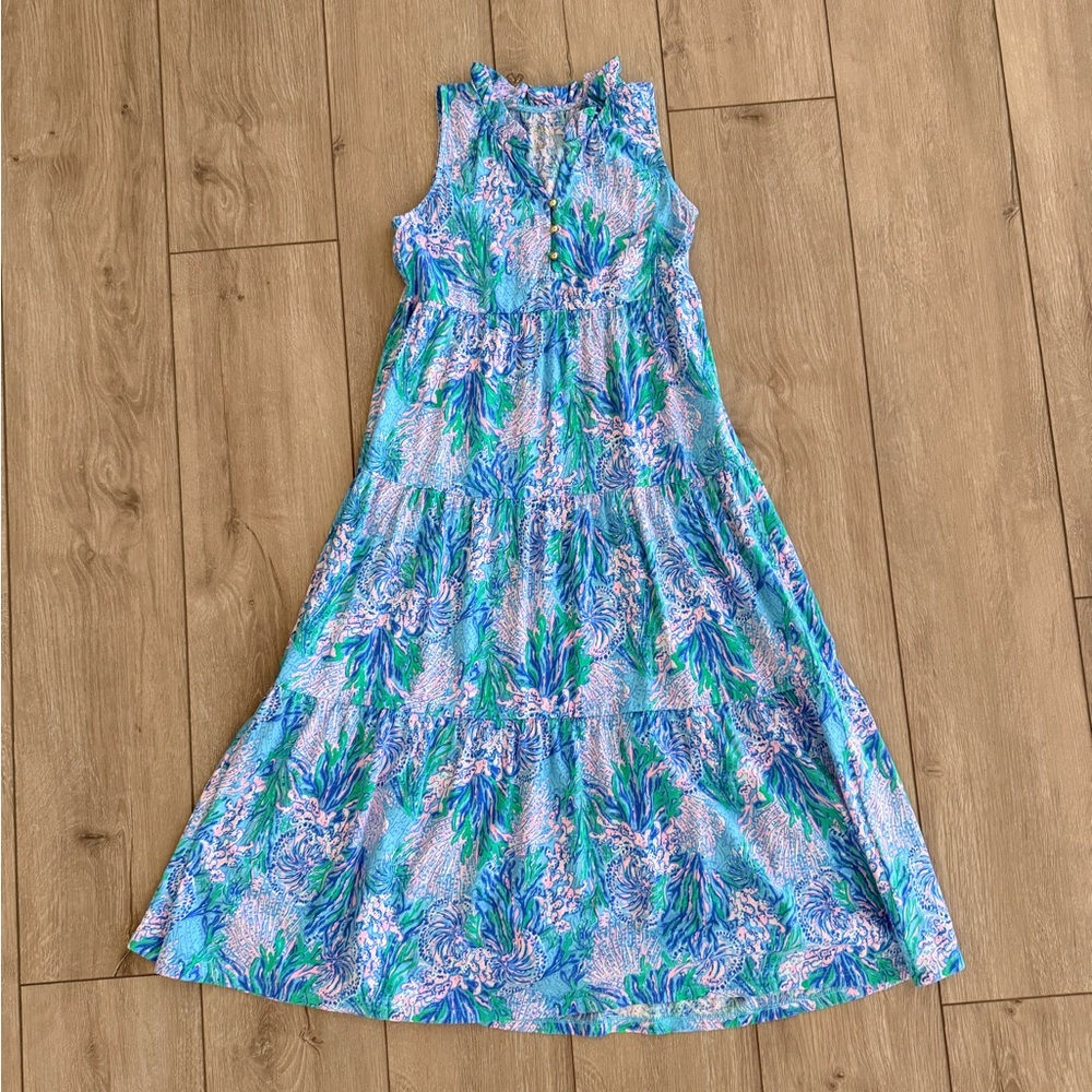 Lilly Pulitzer Floral Blue and Green Girls Dress Size M (6-7)